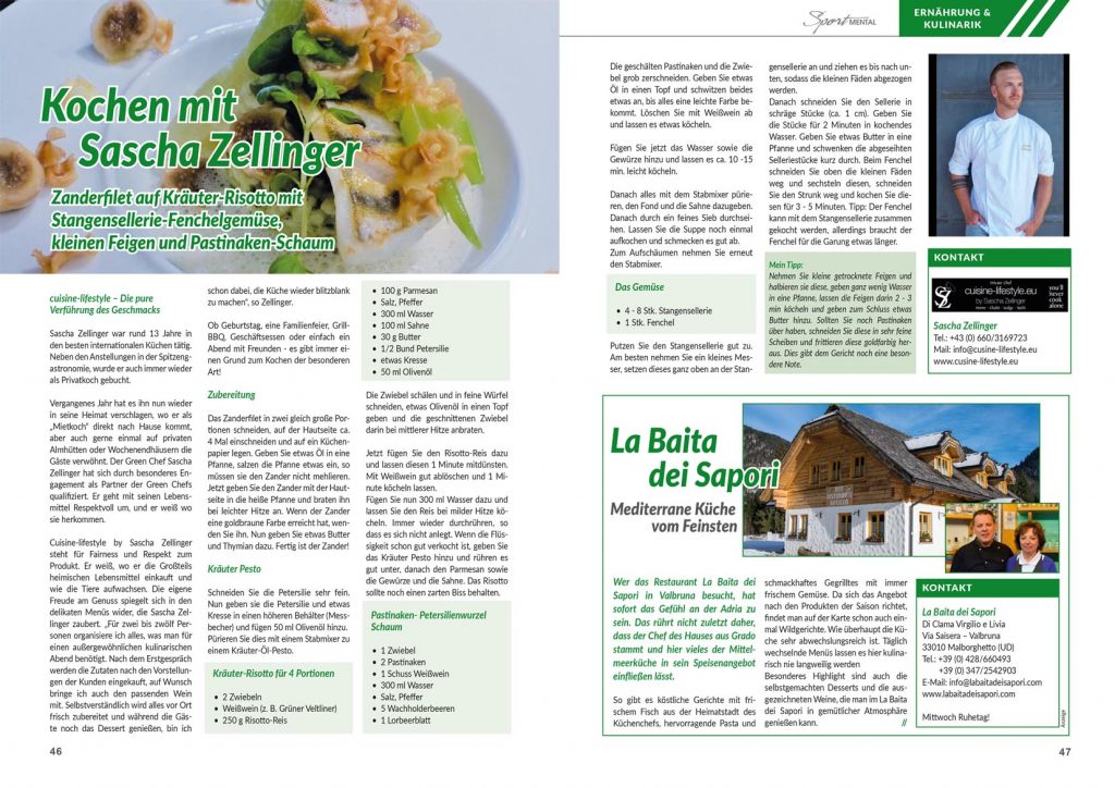 Cuisine-Lifestyle im Sport-Mental Magazin - Ausgabe 16/2018 mit Zanderfilet auf Kräuter-Risotto mit Stangensellerie-Fenchelgemüse, kleinen Feigen und Pastinaken-Schaum